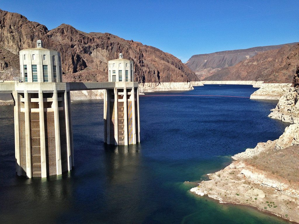 Hoover dam upstream view, USA, penstock towers